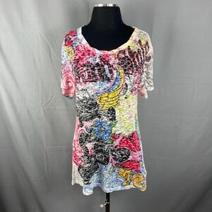 Kavio! Shirt Dress Womens XL Multi Art Collage Cotton Short Sleeve Scoop Neck